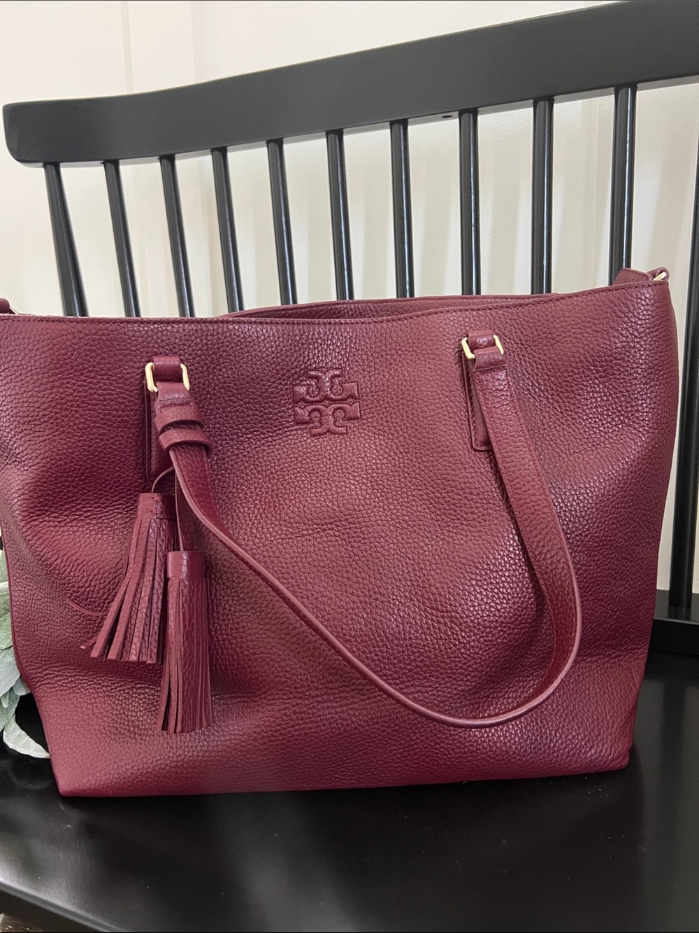 Tory Burch Thea Wine Red Pebbled Leather Tote with Tassel